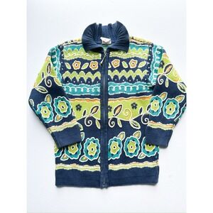 Vintage Hanna Andersson Zip Up Sweater Jacket Floral Print Blue Green Orange 110